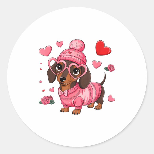 Sticker Rond Funny Dog Dachshund Valentines Heart Dog Lover Men (Devant)