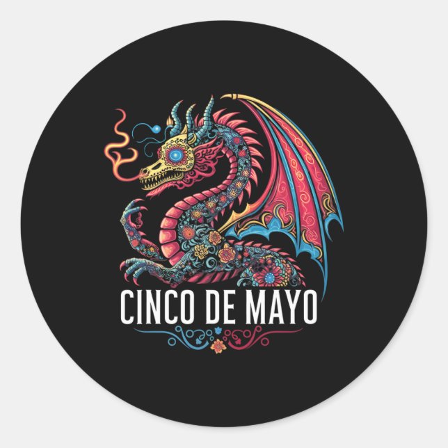 Sticker Rond Funny Dragon Cinco De Mayo Sugar Flower Mexi (Devant)