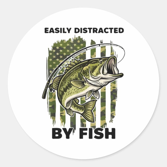 Sticker Rond Funny Easily Distracted By Camo B Fish American Fl (Devant)