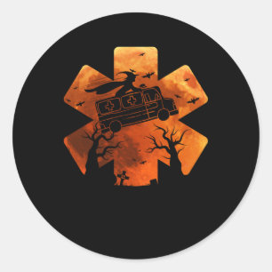 Sticker Rond Funny EMT Paramedic EMS Halloween Witch Riding Amb