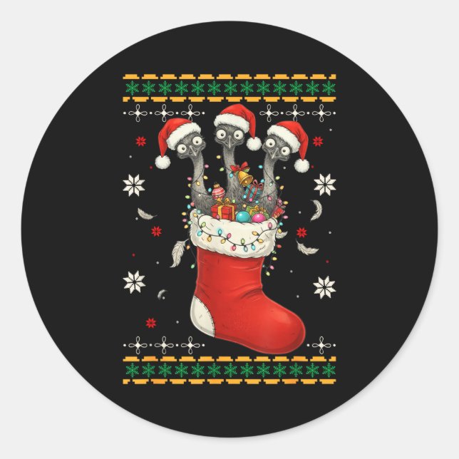 Sticker Rond Funny Emu Bird In Xmas Socks Lights Christmas  (Devant)