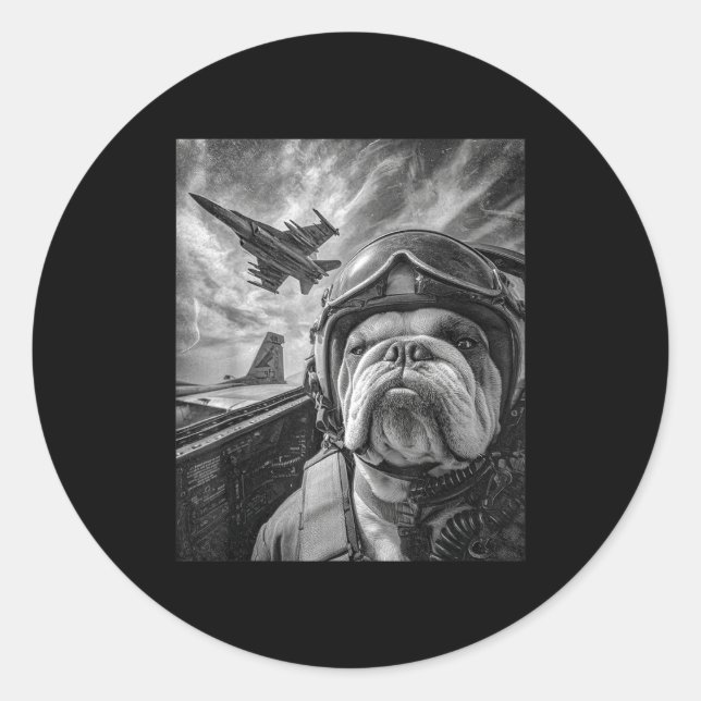 Sticker Rond Funny English Bulldog Selfie Fighter Jet Lot Aviat (Devant)