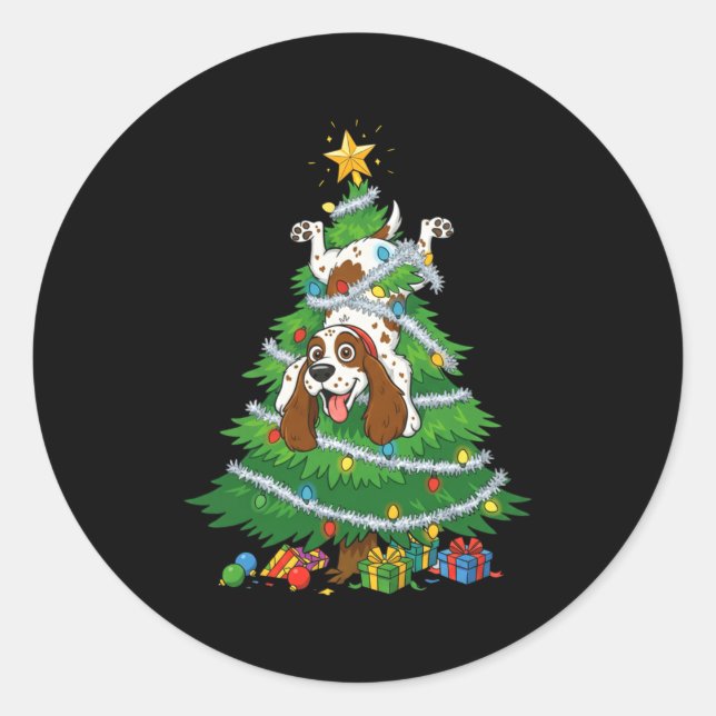 Sticker Rond Funny English Springer Spaniel Dog Christmas Tree  (Devant)