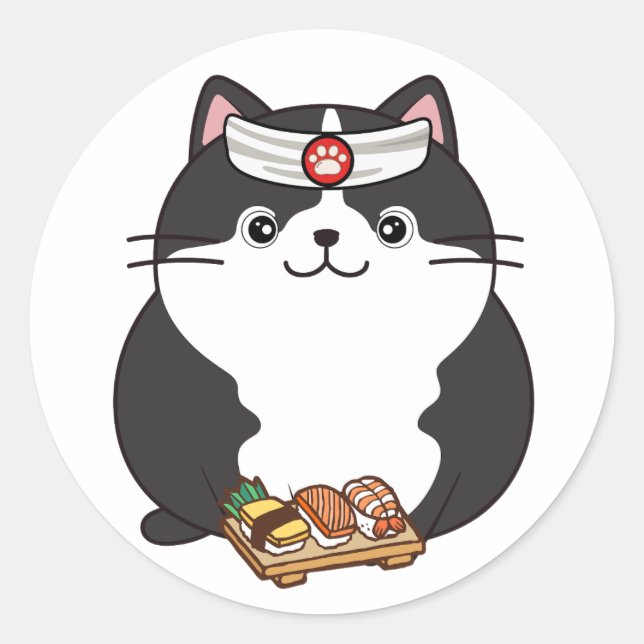 Sticker Rond Funny Fat cat est un chef sushi (Devant)