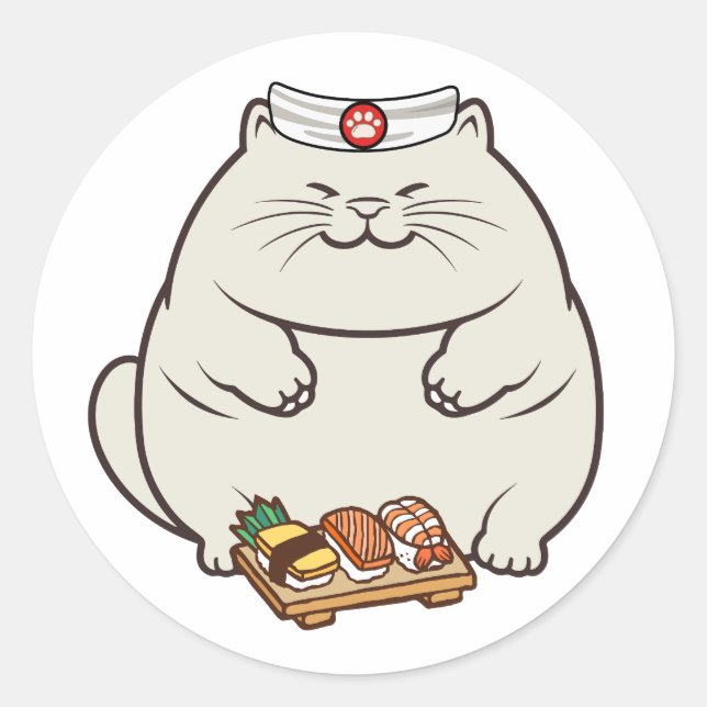 Sticker Rond Funny Fat cat est un chef sushi (Devant)