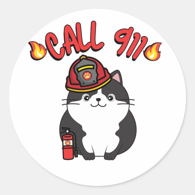 Sticker Rond Funny Fat cat est un pompier (Devant)