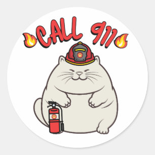 Sticker Rond Funny Fat cat est un pompier