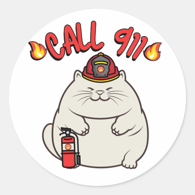 Sticker Rond Funny Fat cat est un pompier (Devant)