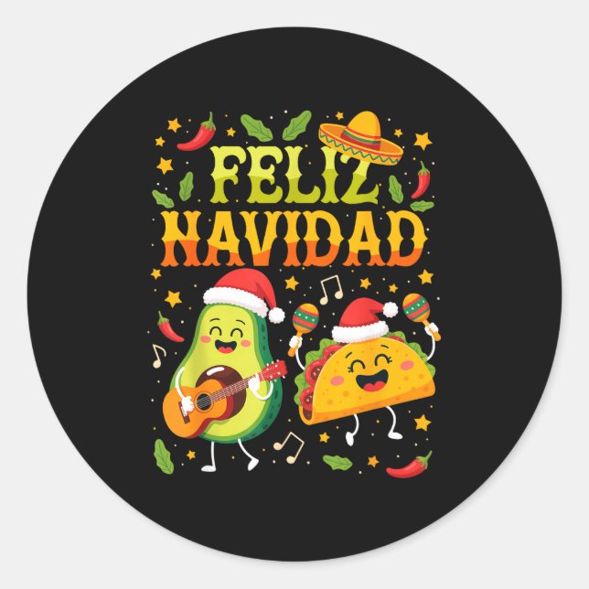 Sticker Rond Funny Feliz Navidad Avocado Tacos Mexican Christma (Devant)