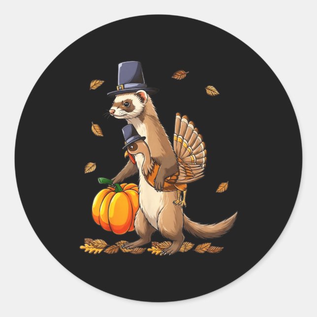 Sticker Rond Funny Ferret Turkey Pumpkin Thanksgiving Gift Men  (Devant)