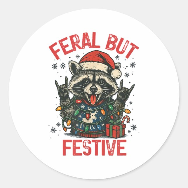 Sticker Rond Funny Festive But Feral Santa Raccoon Lover Animal (Devant)