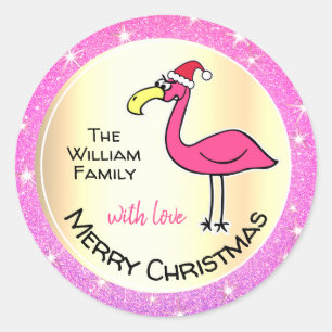 Sticker Rond Funny Flamant rose de Noël rose Parties scintillan