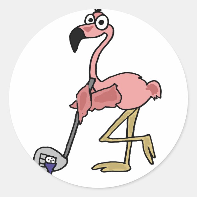 Sticker Rond Funny Flamant rose rose Art de golf (Devant)