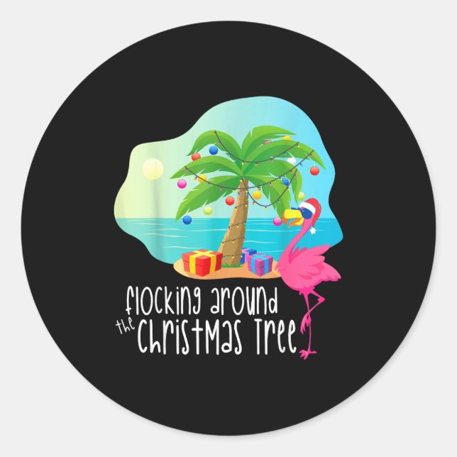 Sticker Rond Funny Flamingo Flocking Around The Christmas Tree  (Devant)