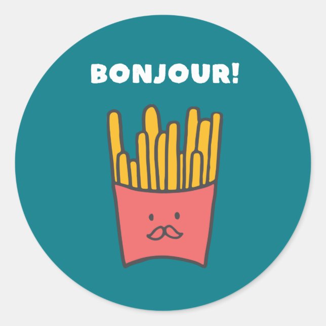 Sticker Rond Funny Food Pun Humour French Fries Bonjour (Devant)