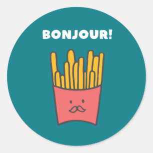 Sticker Rond Funny Food Pun Humour French Fries Bonjour