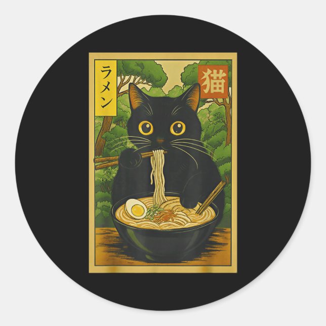 Sticker Rond Funny Forest Ramen Cat Japanese Noodle Kitten  (Devant)