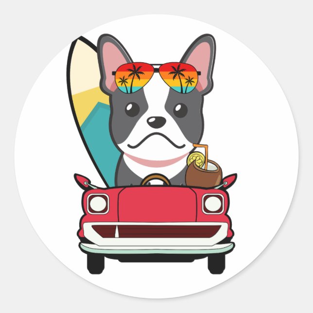 Sticker Rond Funny French BullDog conduit à la plage (Devant)