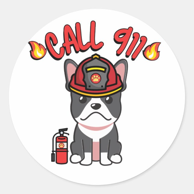 Sticker Rond Funny French Bulldog est un pompier (Devant)