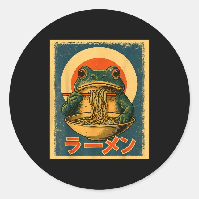 Sticker Rond Funny Frog Ramen Kawaii Retro Japanese Rising Sun  (Devant)
