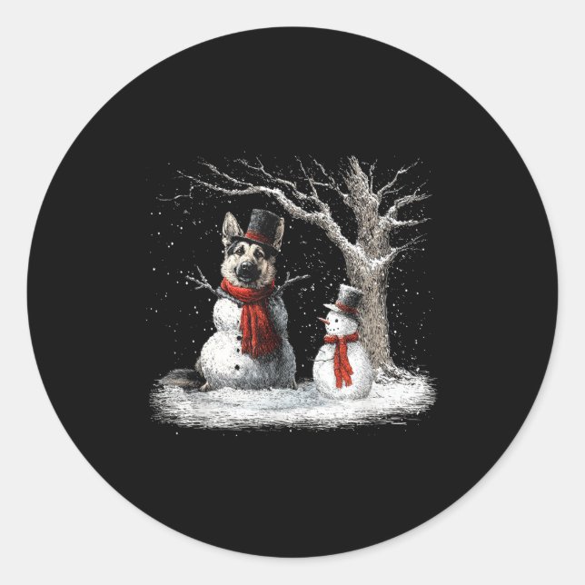 Sticker Rond Funny German Shepherd Dog In The Snow Tree Christm (Devant)