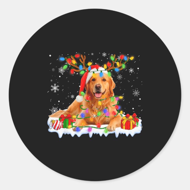 Sticker Rond Funny Golden Retriever Christmas Santa Hat Reindee (Devant)