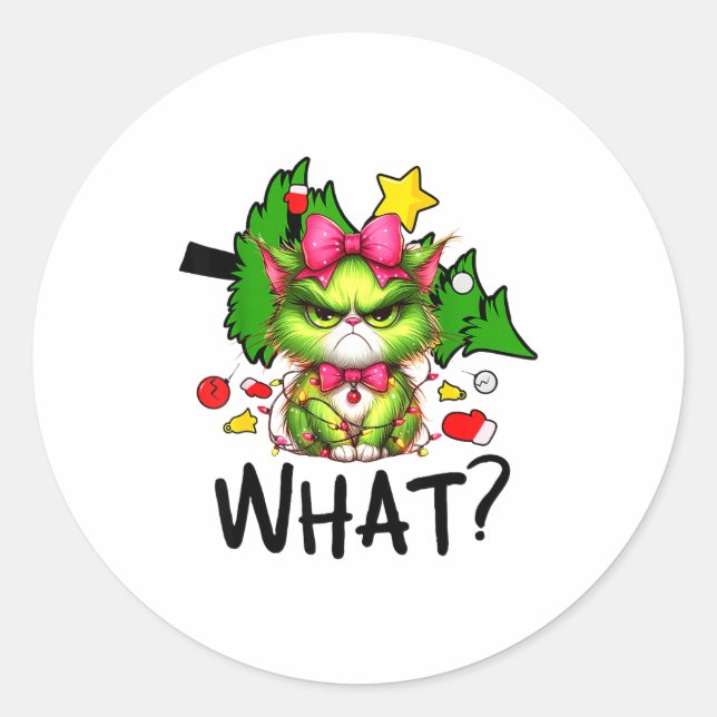 Sticker Rond Funny Green Cat Christmas Tree Merry Xmas Humor Ca (Devant)