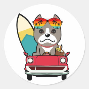 Sticker Rond Funny Grey Dog conduit à la plage