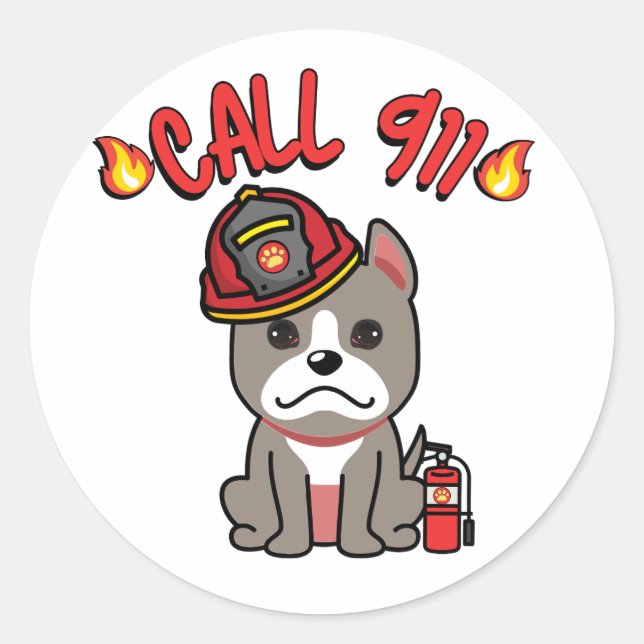 Sticker Rond Funny Grey dog est un pompier (Devant)