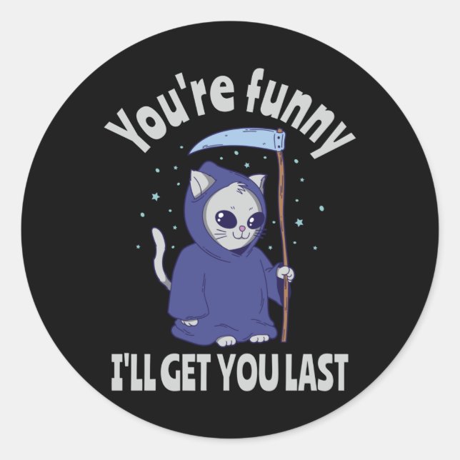 Sticker Rond Funny Grim Reaper Cat Halloween Costume (Devant)