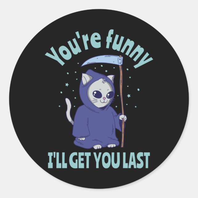 Sticker Rond Funny Grim Reaper Cat Halloween Costume (Devant)