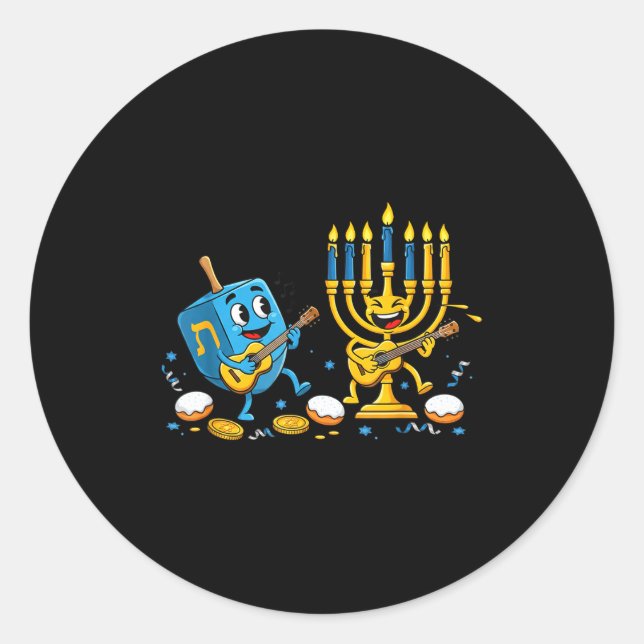 Sticker Rond Funny Guitar Dreidel Menorah Hanukkah Kids Womens  (Devant)