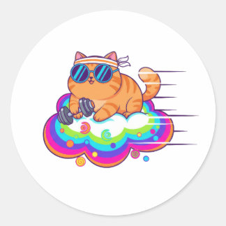Sticker Rond Funny Gym Cat Lifting Dumbbell on Rainbow Cloud