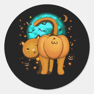 Sticker Rond Funny Halloween Chat Butt Citrouille Orange Tabby