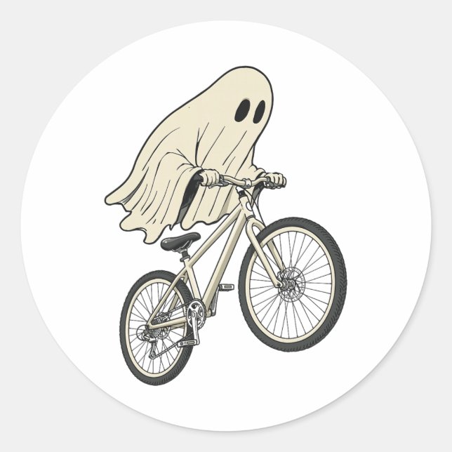 Sticker Rond Funny Halloween Ghost Riding Bike Mountain Biking  (Devant)