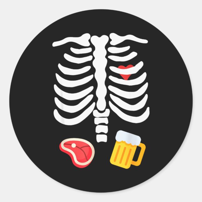 Sticker Rond Funny Halloween Skeleton Beer &amp; Steak Costume  (Devant)