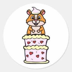 Sticker Rond Funny Hamster sautant d'un gâteau