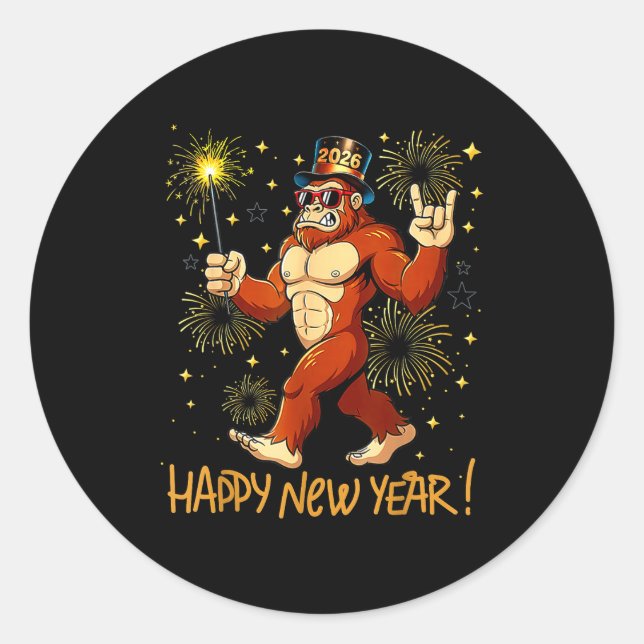 Sticker Rond Funny Happy New Year 2026 Bigfoot Lovers New Years (Devant)