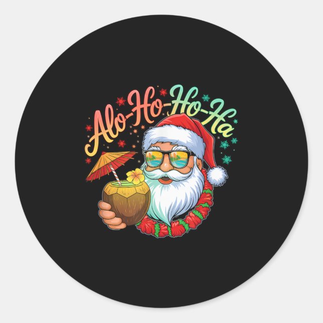 Sticker Rond Funny Hawaiian Alo-ho-ho-ha Père Noël Surfing Chri (Devant)