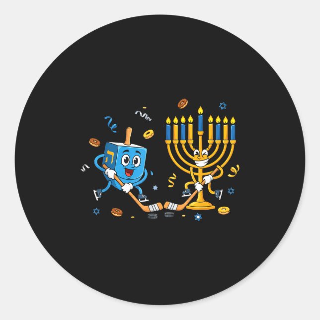 Sticker Rond Funny Hockey Dreidel Menorah Hanukkah Kids Womens  (Devant)