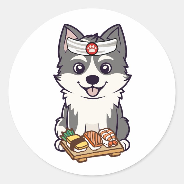 Sticker Rond Funny husky dog est un chef sushi (Devant)