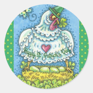 STICKER ROND FUNNY IRISH HEN, OEUFS VERTS ET SHAMROCK CUIT