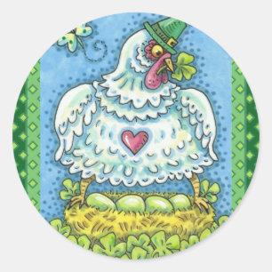 STICKER ROND FUNNY IRISH HEN, OEUFS VERTS ET SHAMROCK CUIT