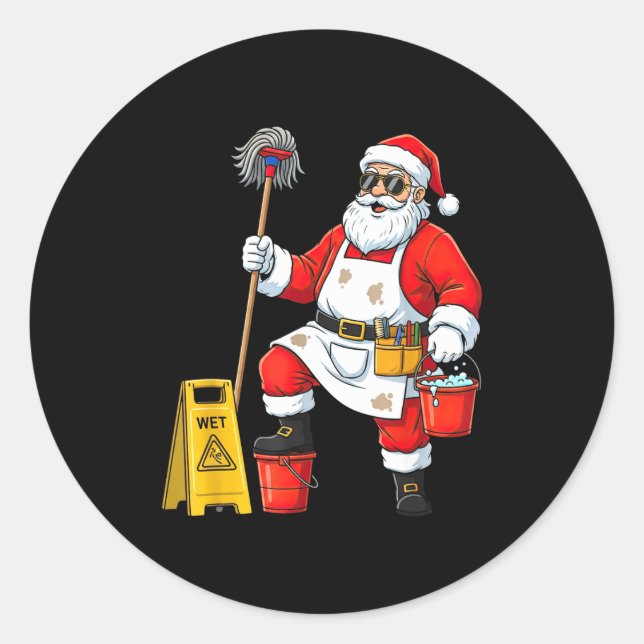 Sticker Rond Funny Janitor Santa Christmas Graphic Cleaner Clea (Devant)