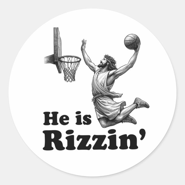 Sticker Rond Funny Jesus Basketball - Il est Rizzin' (Devant)