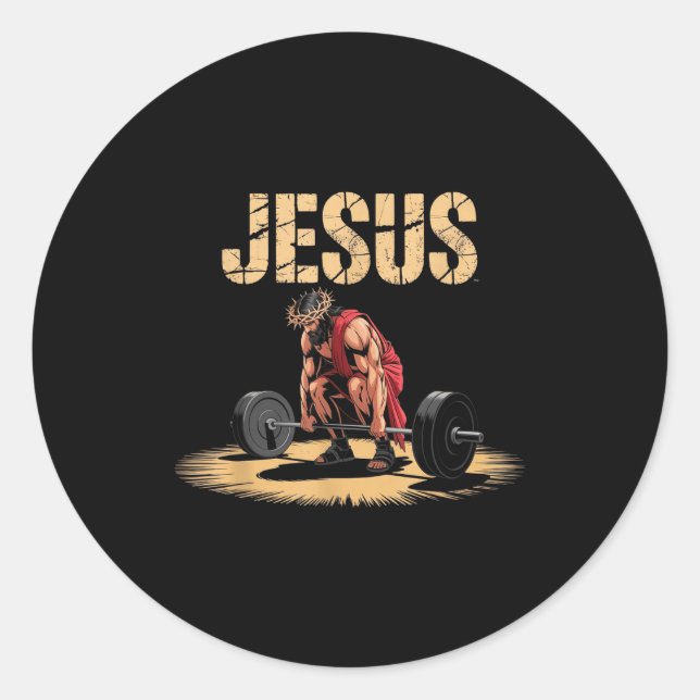 Sticker Rond Funny Jesus Weightlifting Christian Gym Humor  (Devant)