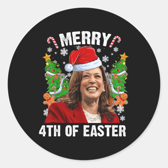 Sticker Rond Funny Kamala Harris Noël Santa Hat Joyeux 4e (Devant)