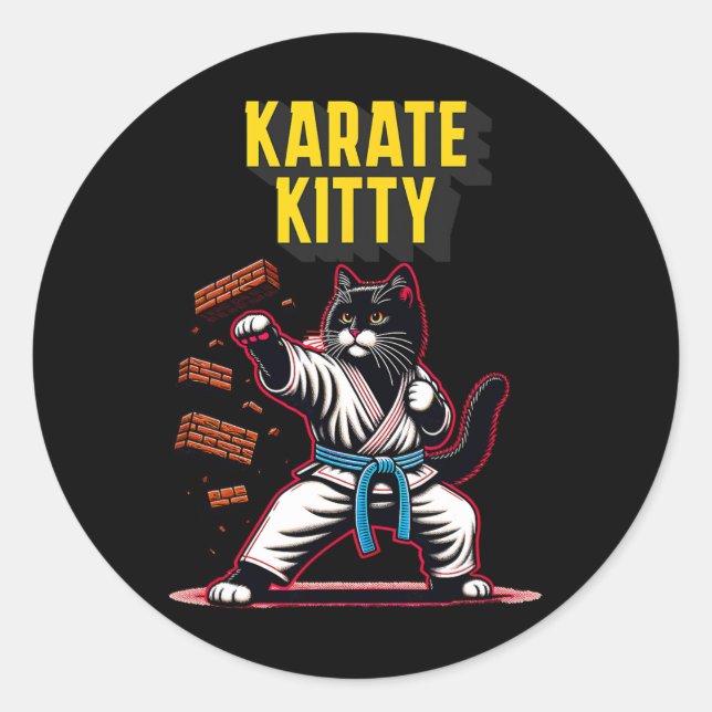 Sticker Rond Funny Karate Kitty - Champion Feline des arts mart (Devant)