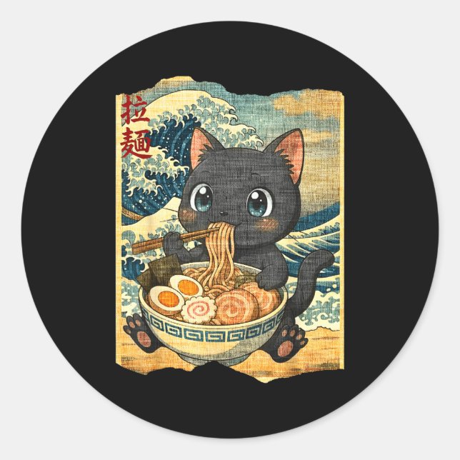 Sticker Rond Funny Kawaii Black Cat Ramen Noodle Bowl Japanese  (Devant)
