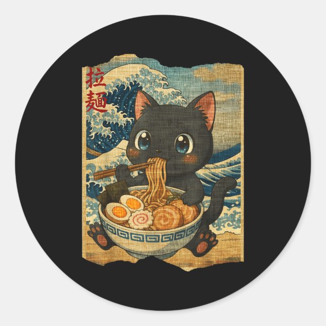Sticker Rond Funny Kawaii Black Cat Ramen Noodle Bowl Japanese  (Devant)